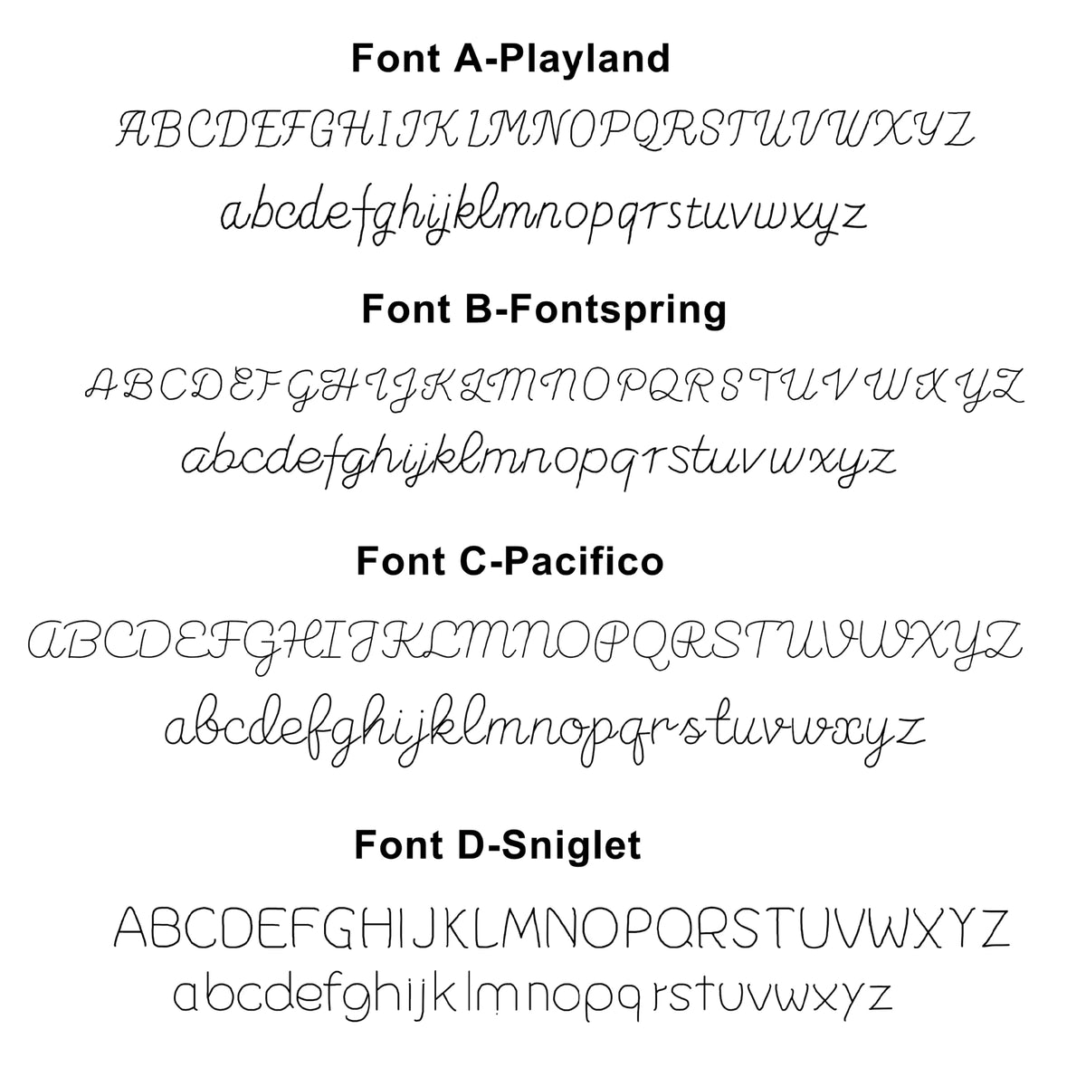Custom embroidery font styles A through D for personalized baby knit sweaters