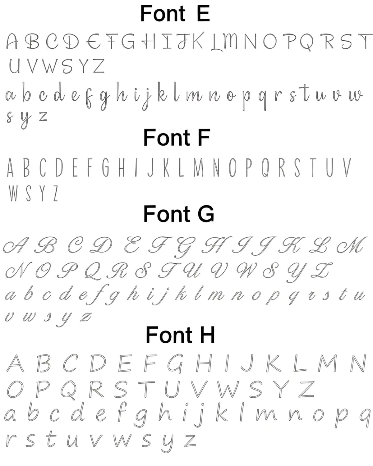 Custom embroidery font styles E through H for personalized baby knit sweaters