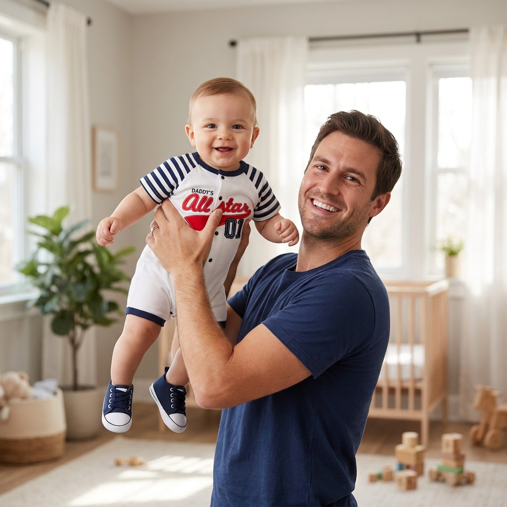 Smiling dad holding his baby boy who is wearing the Daddy's All Star baseball outfit in a nursery.