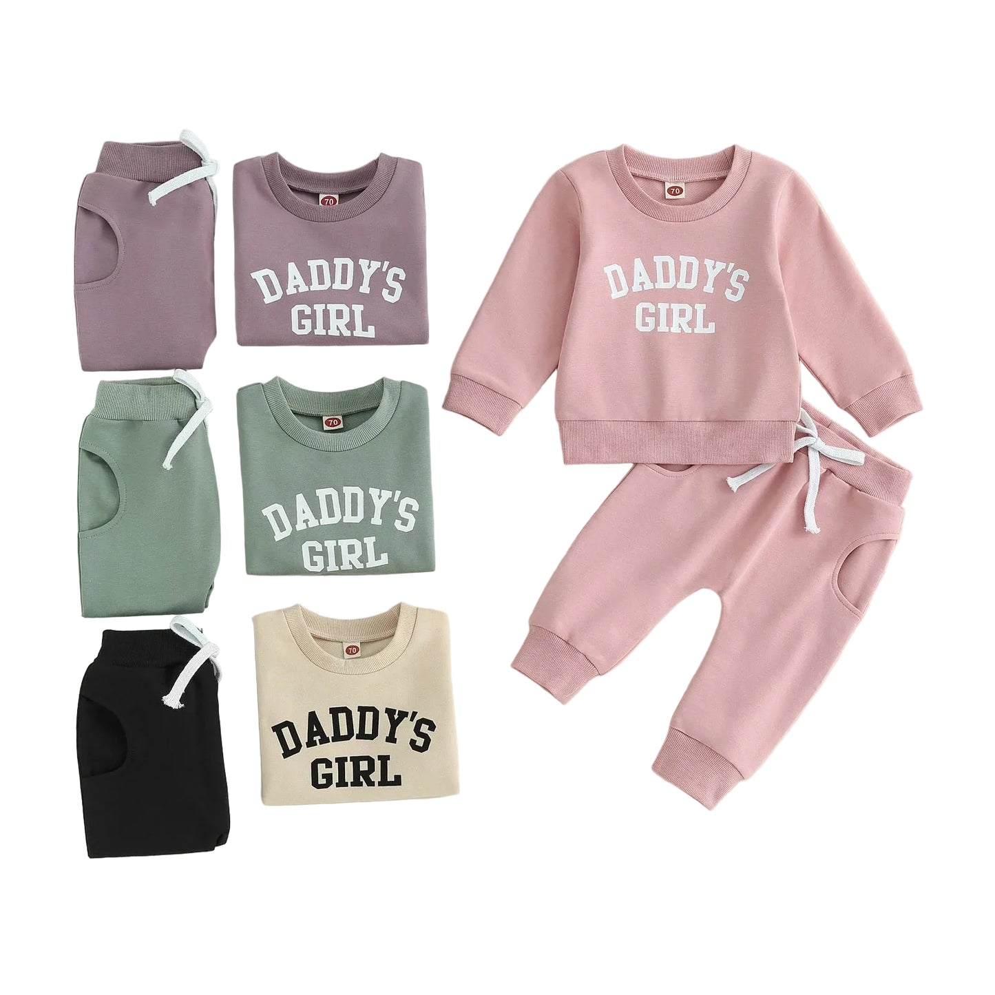 Daddy's Girl 2-piece baby tracksuit set folded and displayed in four color options: purple, sage green, pink, and cream with black.