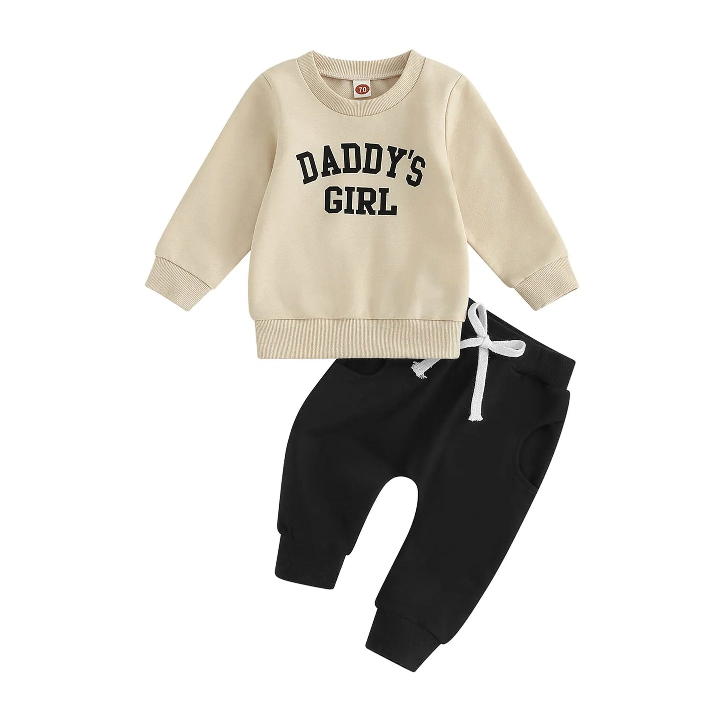 Cream and Black Baby Girls Daddy's Girl 2-piece sweatshirt and sweatpants fall outfit on a white background.