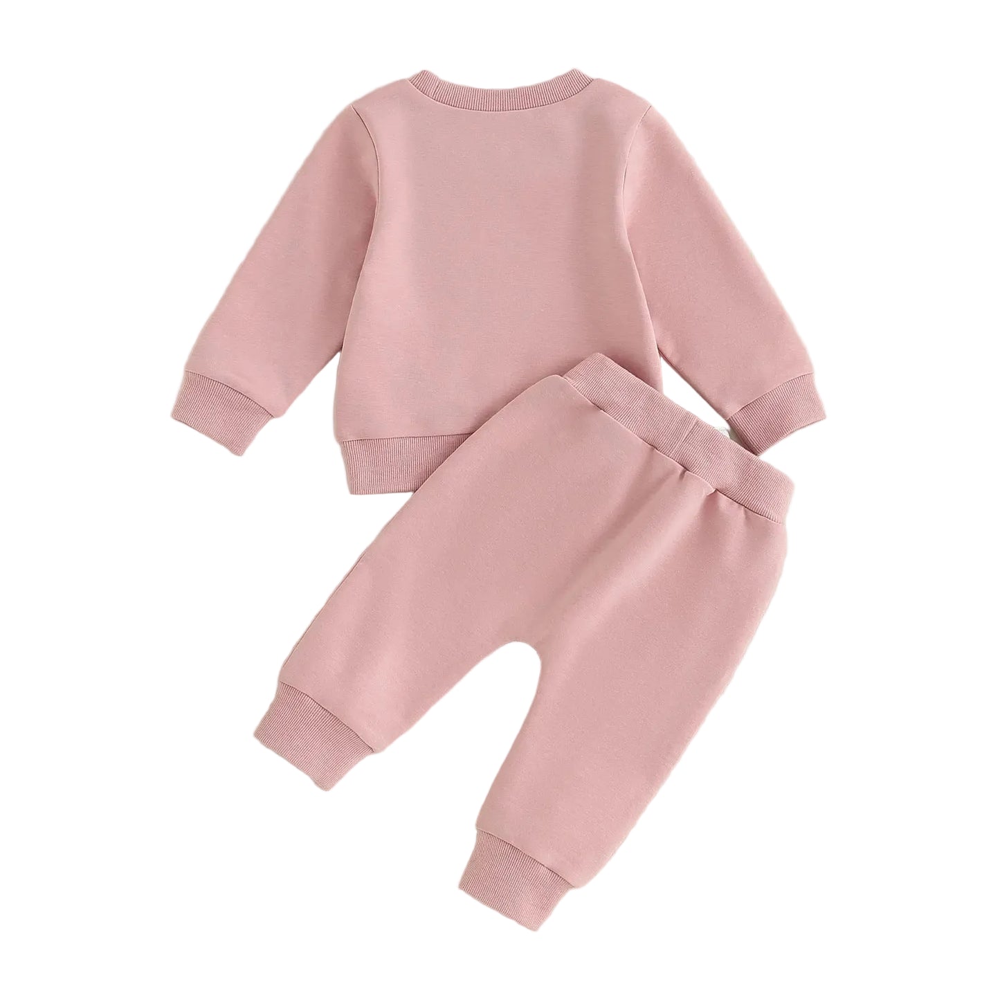 Back view showing the plain pink material of the baby girls 2-piece sweatshirt and sweatpants set.