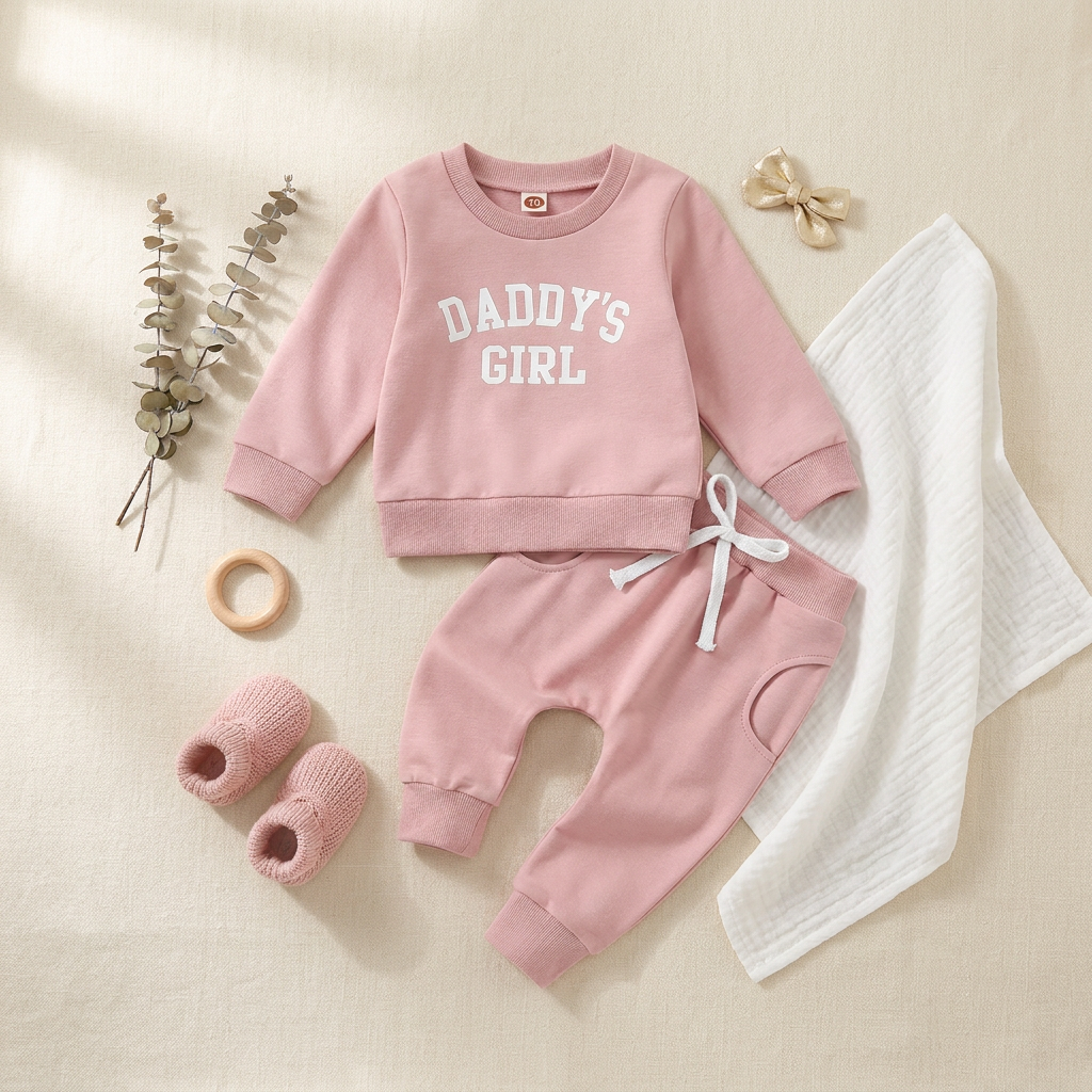 Flat lay aesthetic styling of the pink baby girls Daddy's Girl outfit with baby booties, a muslin blanket, and eucalyptus leaves.
