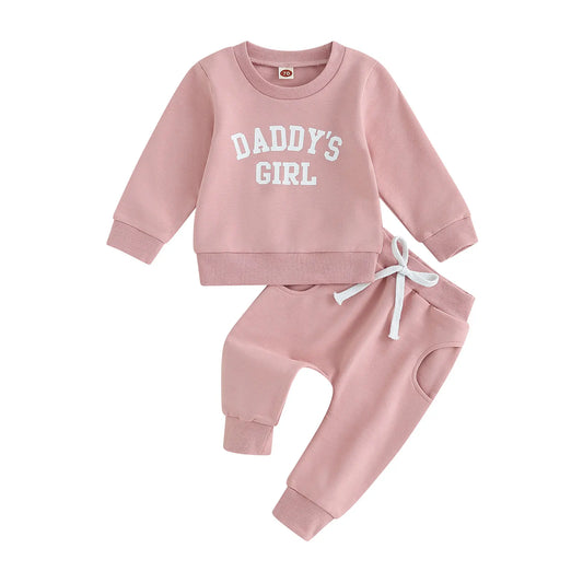 ink Baby Girls Daddy's Girl 2-piece sweatshirt and sweatpants fall outfit on a white background.