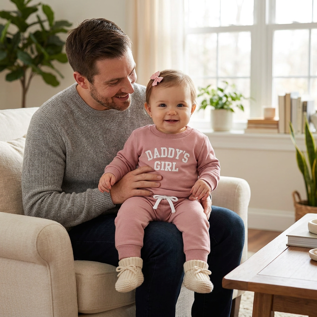 Happy baby girl wearing a pink Daddy's Girl sweatshirt and sweatpants set sitting on her dad's lap on a living room couch.