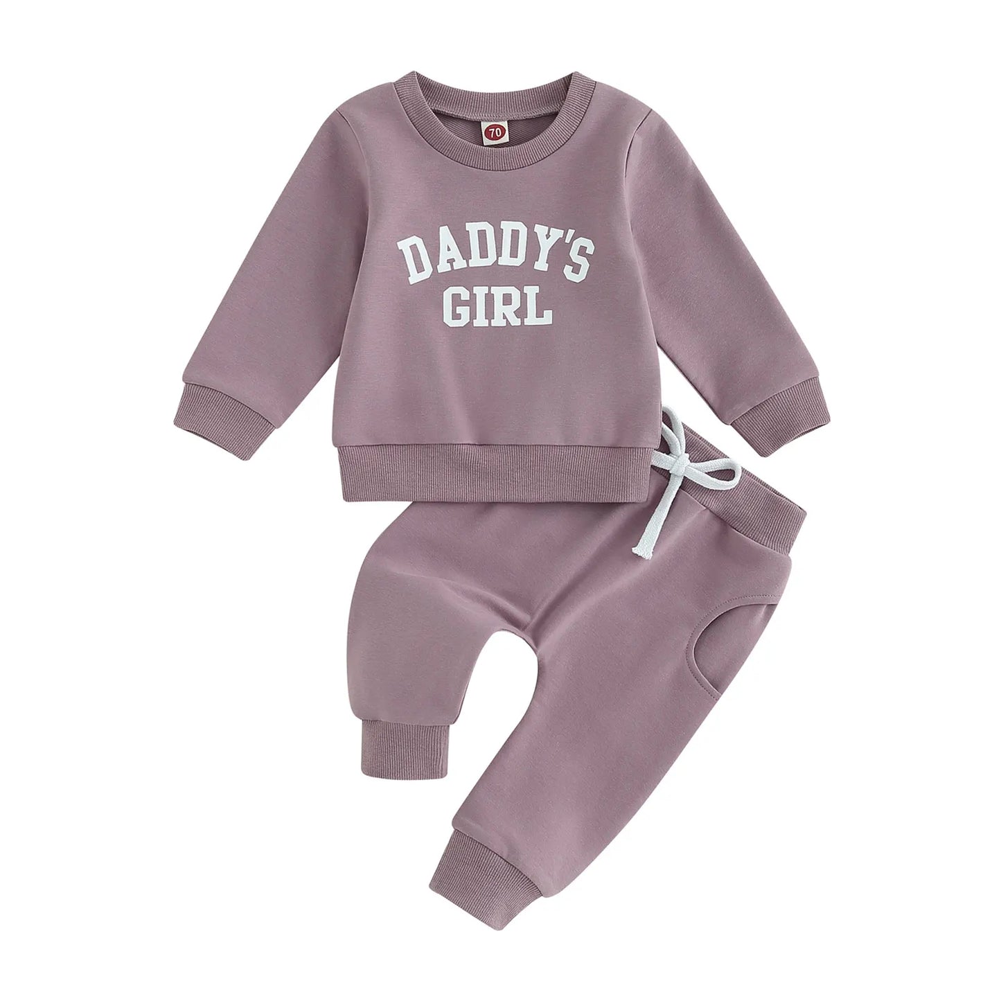Purple Baby Girls Daddy's Girl 2-piece sweatshirt and sweatpants fall outfit on a white background.