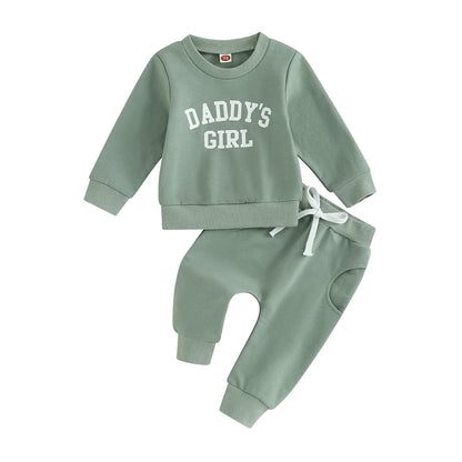 Sage Green Baby Girls Daddy's Girl 2-piece sweatshirt and sweatpants fall outfit on a white background.