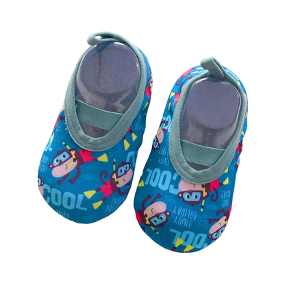 Kidsely dark blue non-slip aqua sneakers with "Cool" monkey pattern for boys and girls.
