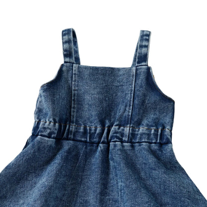 Close-up of the back of the denim overall dress showing the comfortable elastic gathered waistband.