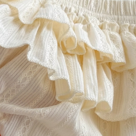 Macro photography of the premium diamond pointelle knit pattern and scalloped eyelet lace edging on the baby girl ruffles