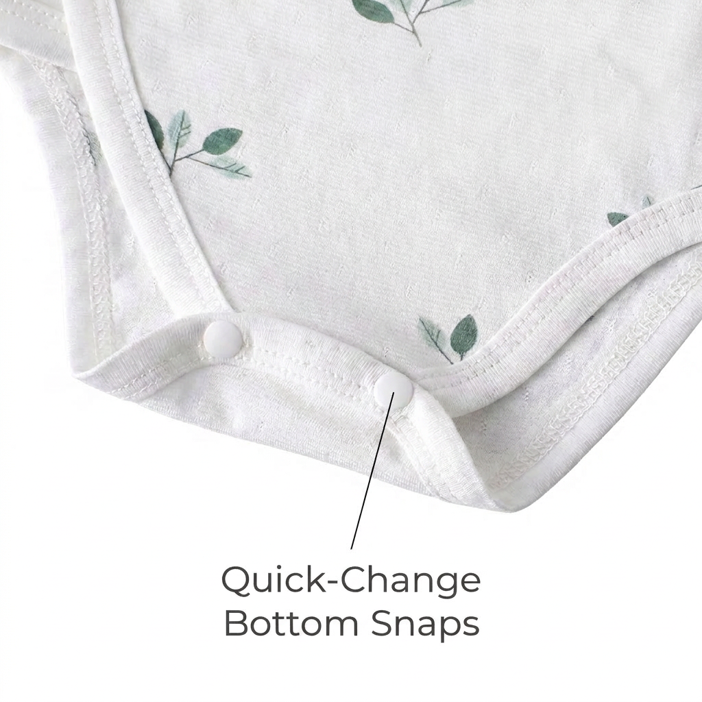 Close-up view of the bottom closure of the white botanical leaf print bodysuit pointing out the quick-change bottom snaps.