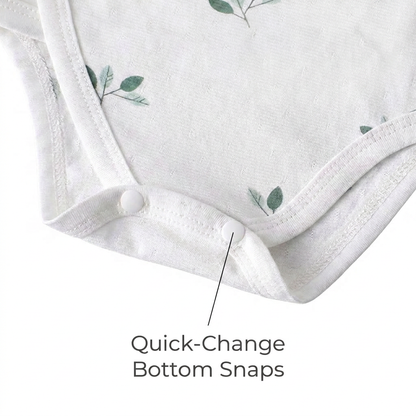 Close-up view of the bottom closure of the white botanical leaf print bodysuit pointing out the quick-change bottom snaps.