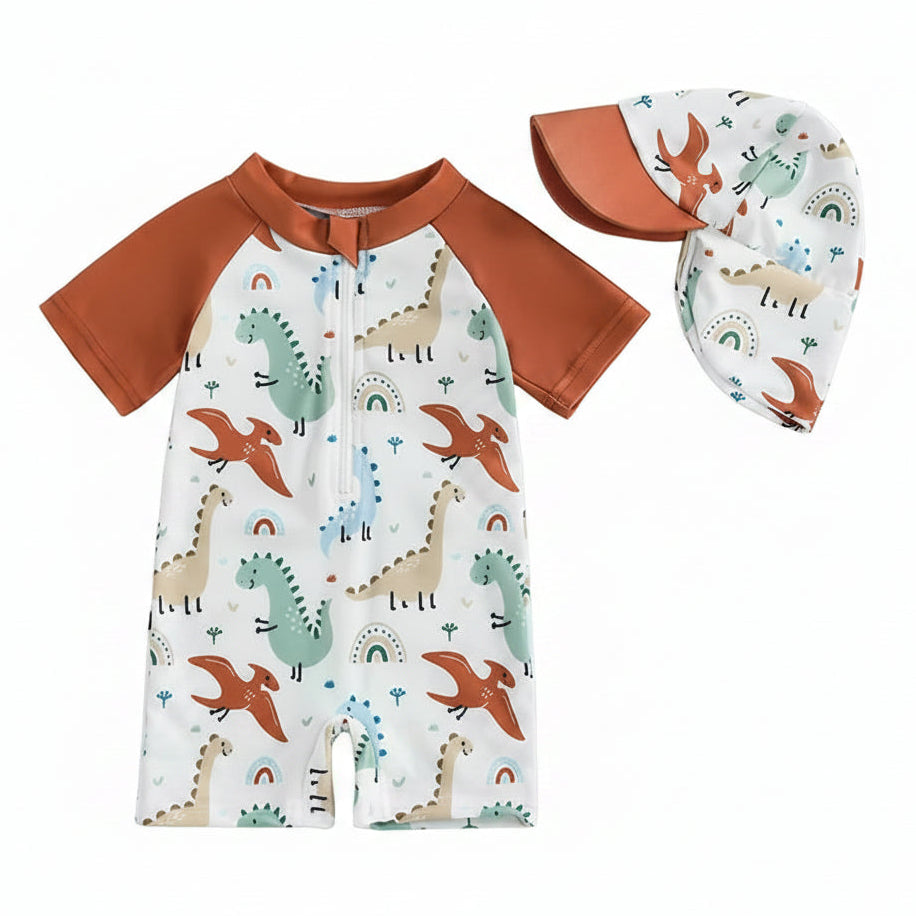 Dinosaur Terracotta Rash Guard Set for baby and toddler boys featuring a Brontosaurus and Pterodactyl print, half-zip one-piece design, and matching sun hat.