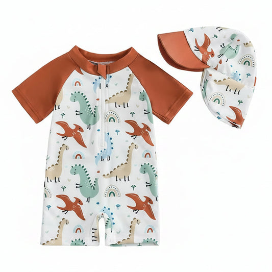 Dinosaur Terracotta Rash Guard Set for baby and toddler boys featuring a Brontosaurus and Pterodactyl print, half-zip one-piece design, and matching sun hat.