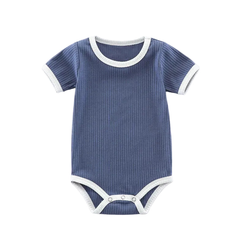 Kidsely Dusty Indigo: Full front view of the short sleeve ribbed cotton baby boy romper with white contrast trim.