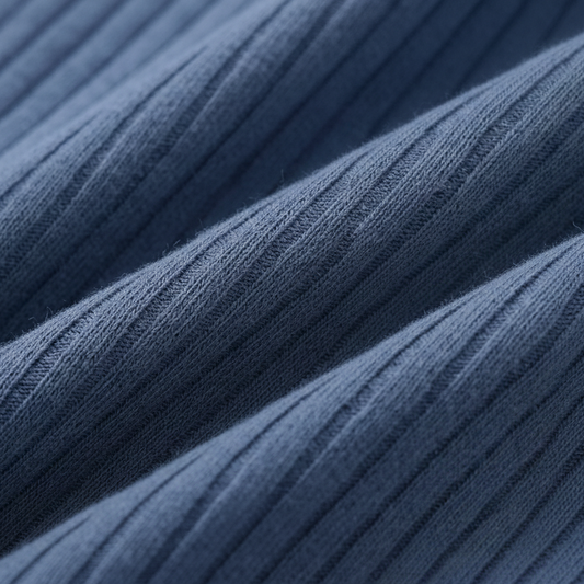 Kidsely premium fabric detail: A macro view of the Dusty Indigo 2x2 ribbed cotton-elastane knit showing superior texture and stretch.