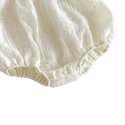 Close-up of the gathered elastic leg openings that create the bubble silhouette on the white baby romper.