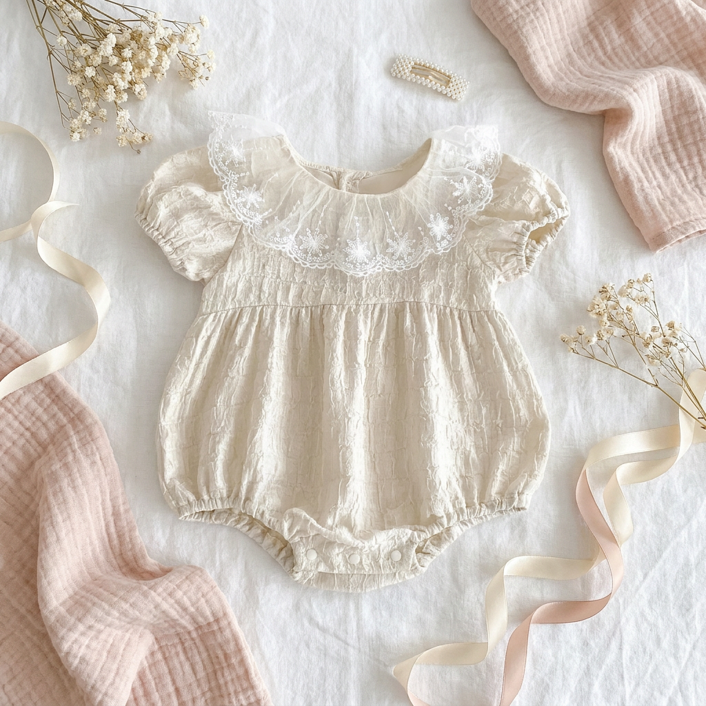 A beautiful aesthetic flat lay of the Heritage Cream baby flower girl romper styled with a soft knit blanket and dried baby's breath flowers.