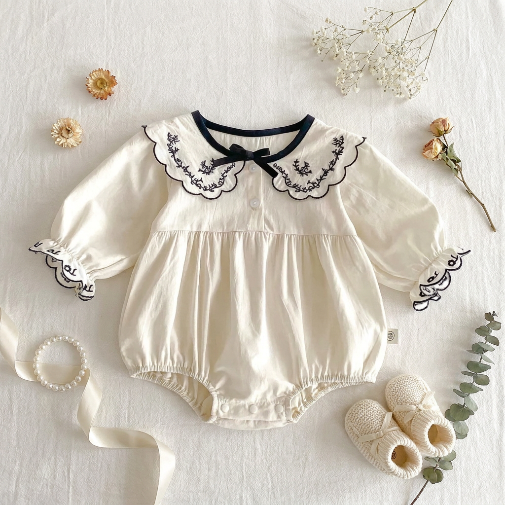 Close-up of the ivory scalloped lapel collar featuring detailed floral embroidery and a small delicate center bow.
