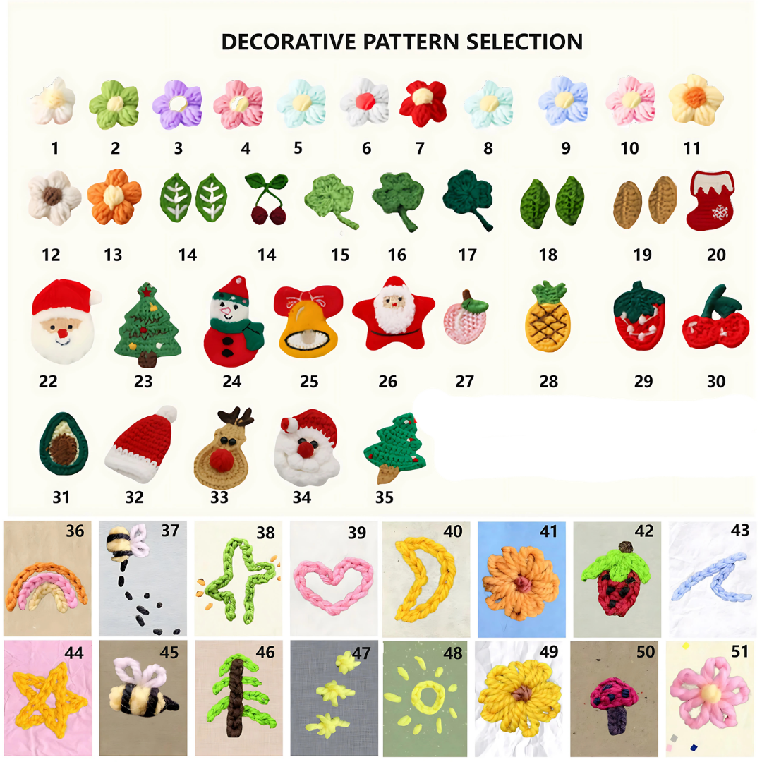 Decorative embroidery pattern options including flowers, hearts, cars, and seasonal icons for custom sweaters