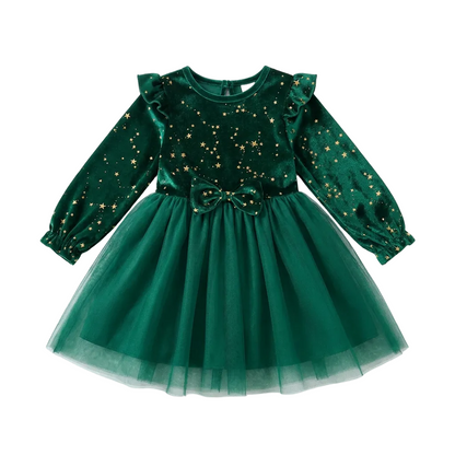 Emerald green stretch velvet and tulle girls Christmas party dress featuring a gold star pattern and front waist bow.