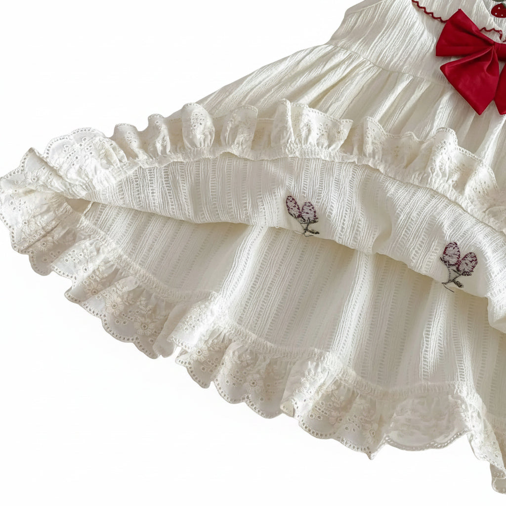Close-up of the intricate white eyelet lace ruffle hem and premium fabric lining construction on the Kidsely baby dress.