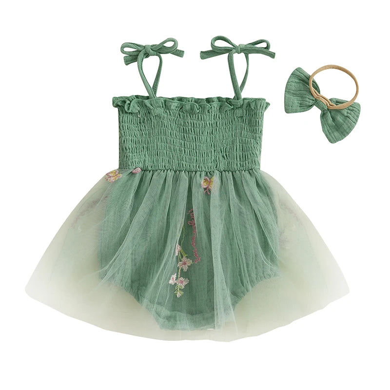 Back view of the sage green birthday romper set, highlighting the tutu silhouette and coordinating accessories.