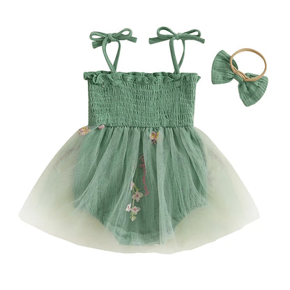 Back view of the sage green birthday romper set, highlighting the tutu silhouette and coordinating accessories.