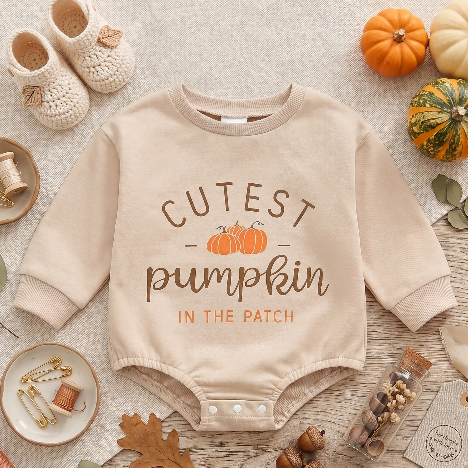 Flat lay of a beige fall baby sweatshirt bubble romper surrounded by baby shoes, miniature pumpkins, and autumn leaves.