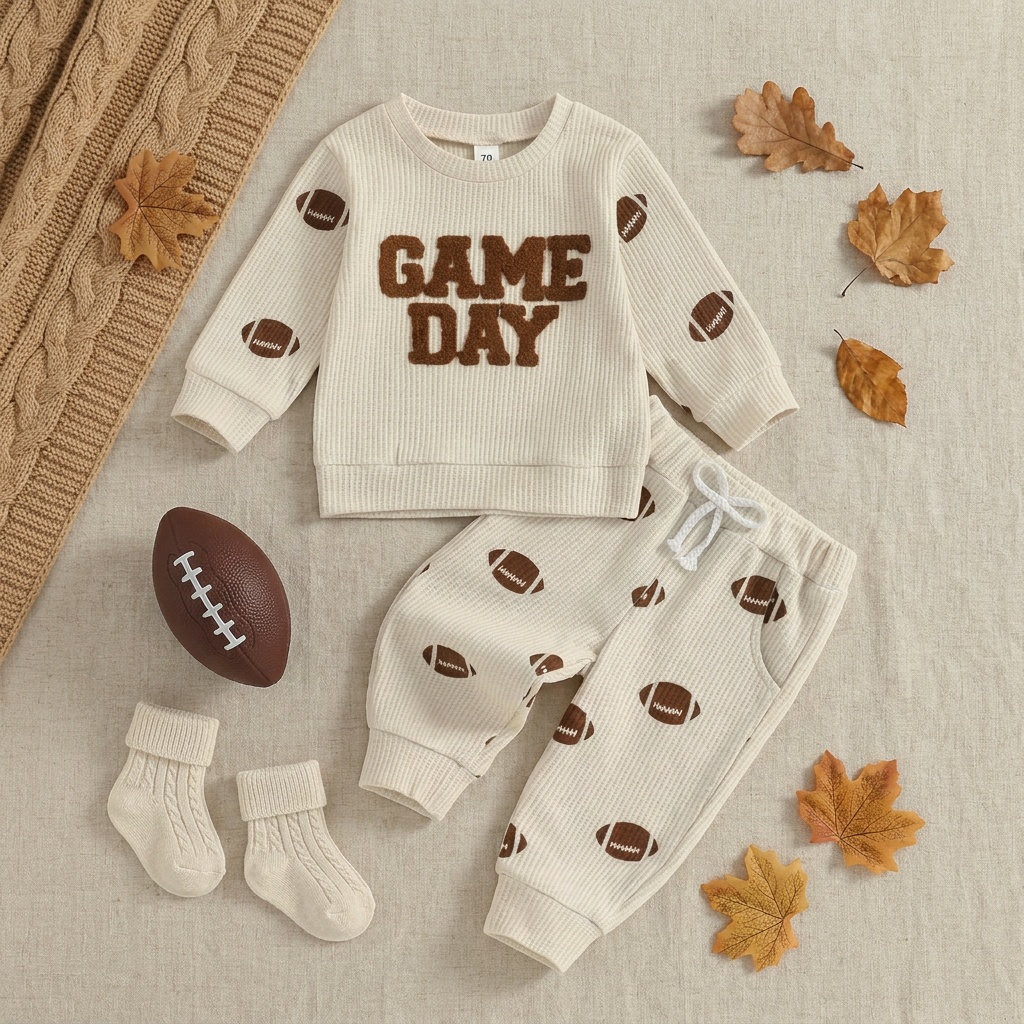 Styled flat lay of the toddler "Game Day" pullover and football print pants arranged with a small football, baby socks, and autumn leaves on a textured blanket.