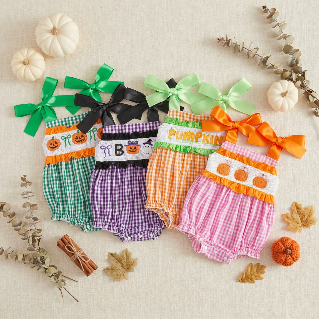 Flat lay of four baby girl smocked gingham bubble rompers for Fall and Halloween in green, purple, orange, and pink color variants.