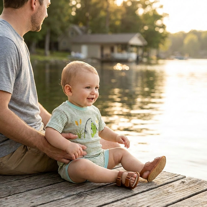 A smiling baby boy wearing the green striped waffle knit fishing romper sits on a wooden dock by a calm lake, happily supported by his dad.