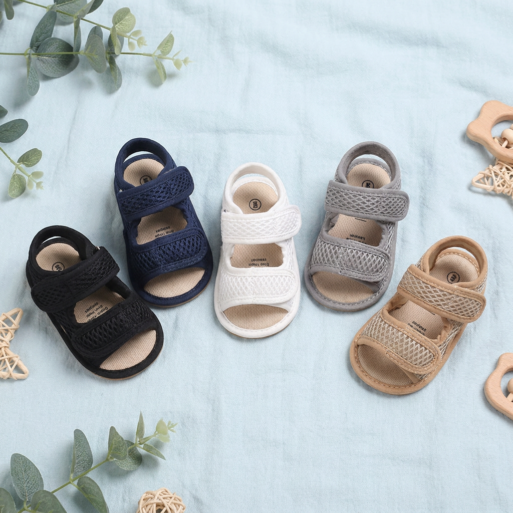 Collection of first walker mesh sandals in five colors showing the breathable summer shoe range for baby boys.