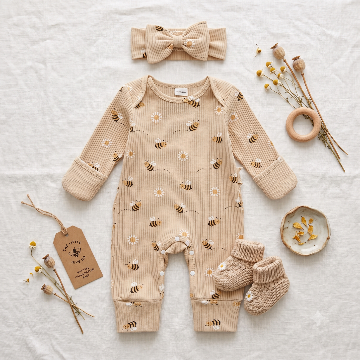 Flat lay of the Kidsely newborn girl bee print romper and headband set arranged on a white textured blanket with dried flowers.