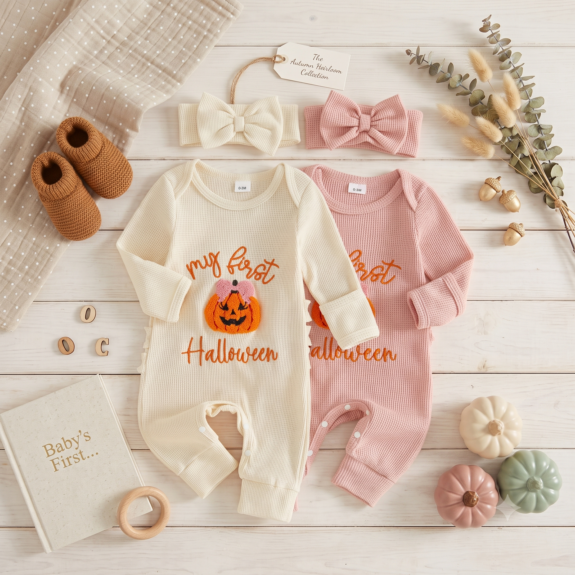 Flat lay arrangement of pink and cream baby girl "My first Halloween" ribbed rompers and headbands, surrounded by small pumpkins and baby booties.