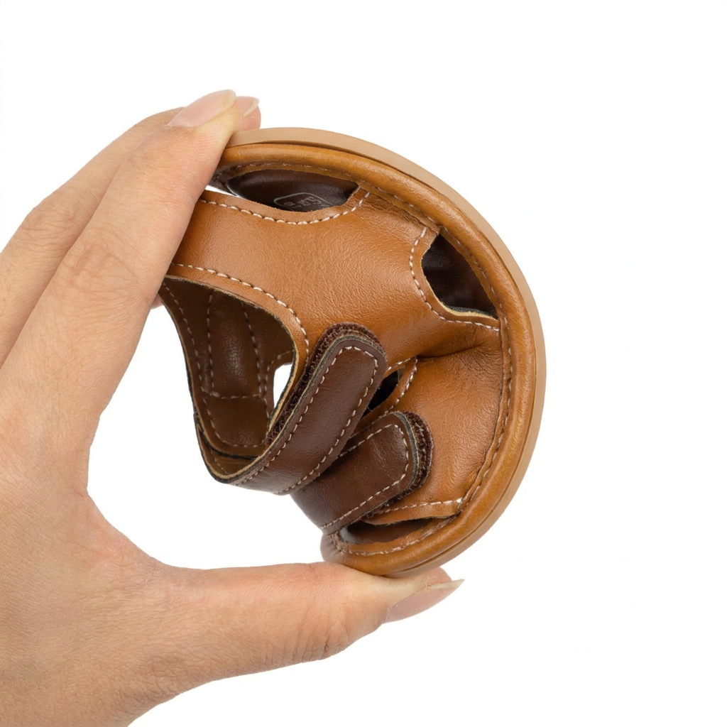 Hand bending a brown baby sandal in half to demonstrate the ultra-flexible soft sole.