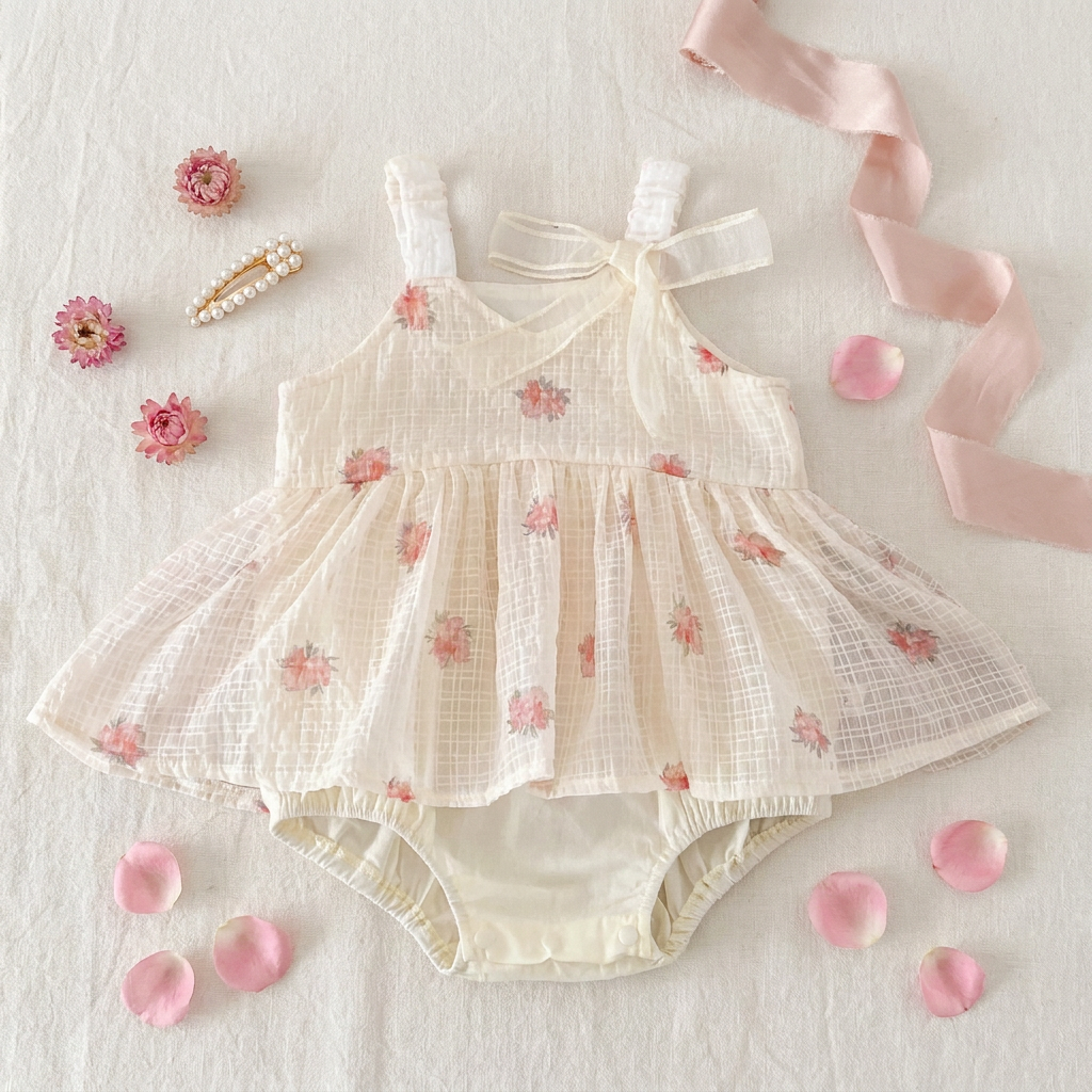 Boutique-style flat lay of the champagne floral romper with decorative flower petals and hair accessories.