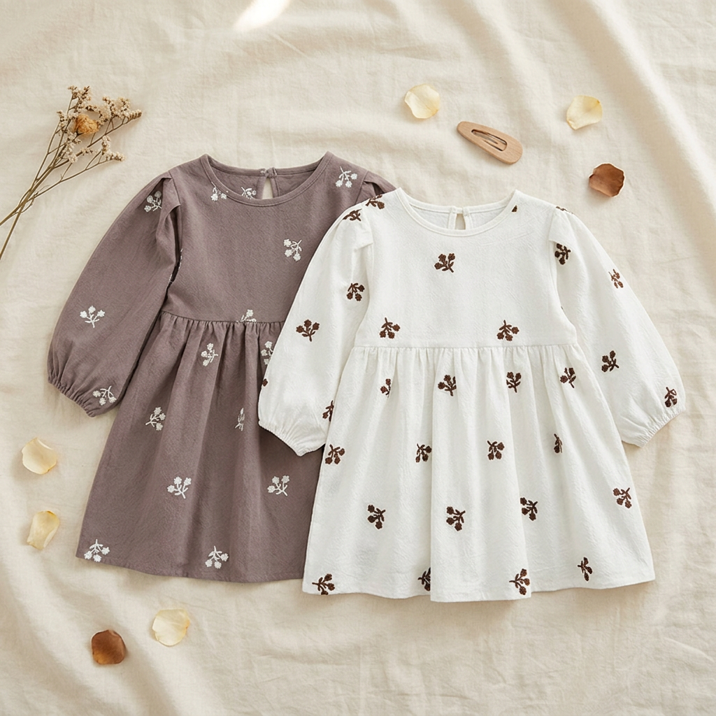 Beautifully styled flat lay of both the white and gray floral embroidered dresses with dried flowers, hair bows, and shoes on a muslin cloth.