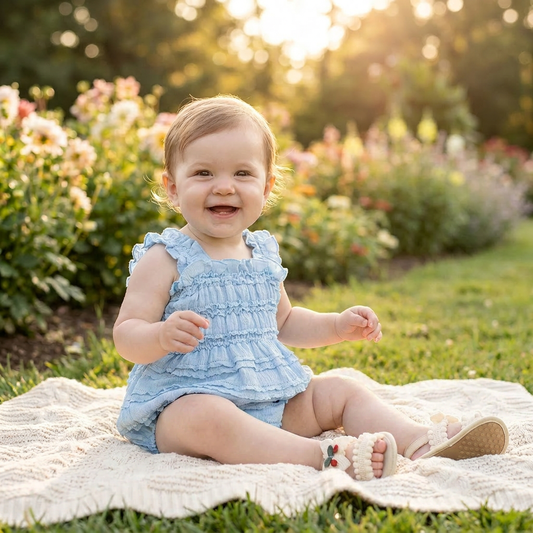 Smiling baby girl wearing French Blue cottagecore smocked bubble romper sitting on a blanket in a sunny garden wearing cherry sandals.