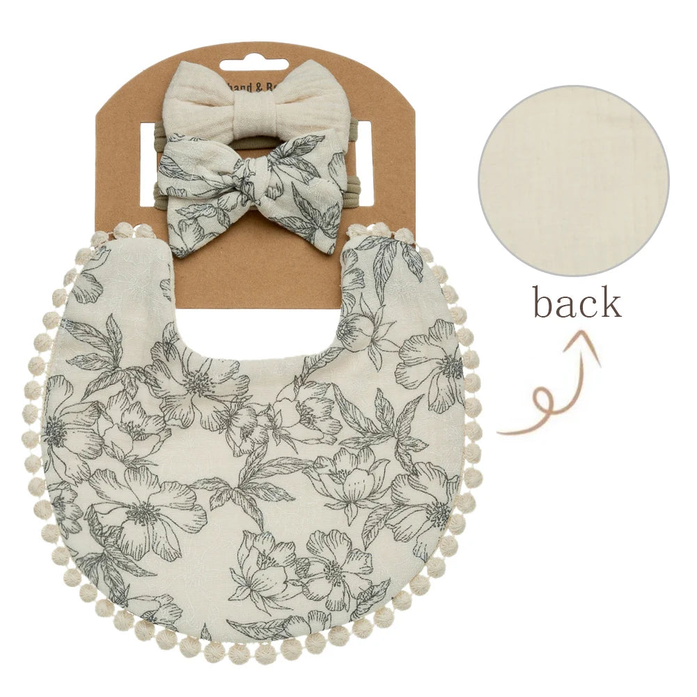 Vintage French Toile de Jouy botanical sketch baby girl muslin bib with matching cream white bow headbands.