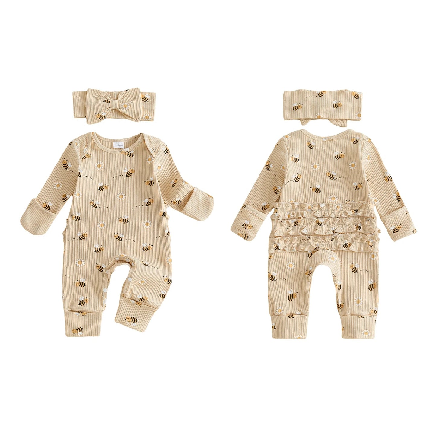 Front and back view of the Kidsely newborn baby girl ribbed romper showing the long sleeves and ruffle butt design, alongside the matching headband.