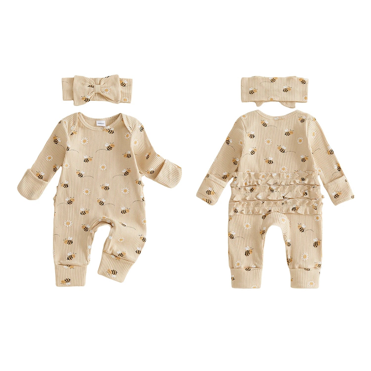 Front and back view of the Kidsely newborn baby girl ribbed romper showing the long sleeves and ruffle butt design, alongside the matching headband.