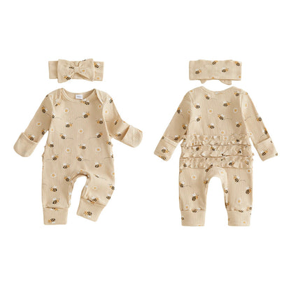 Front and back view of the Kidsely newborn baby girl ribbed romper showing the long sleeves and ruffle butt design, alongside the matching headband.