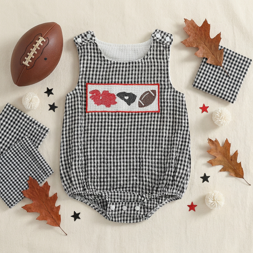 Flat lay lifestyle view of the black seersucker smocked rooster baby romper arranged on a cream blanket with decorative autumn leaves and a miniature toy football.