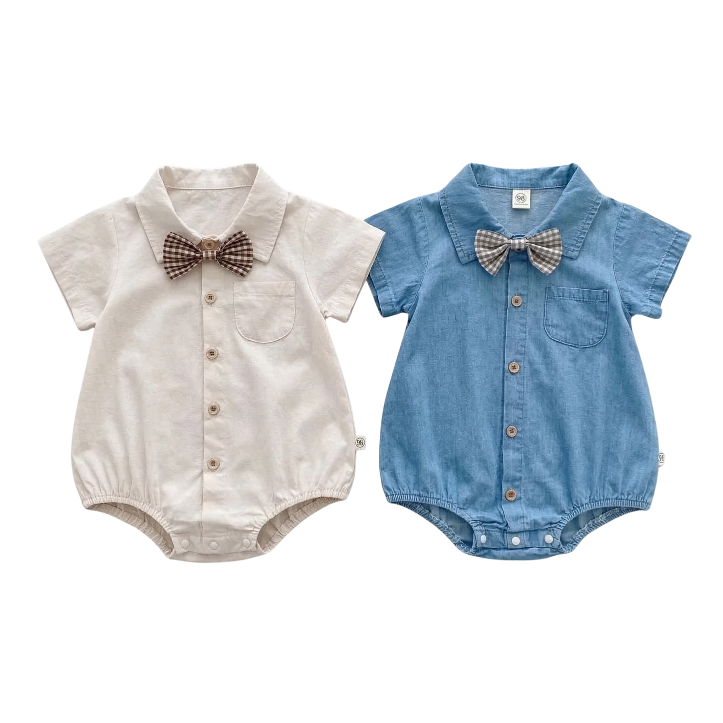 Front view of two baby boy gentleman rompers in off-white and light blue with gingham bow ties.