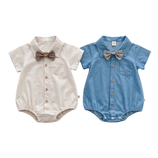 Front view of two baby boy gentleman rompers in off-white and light blue with gingham bow ties.
