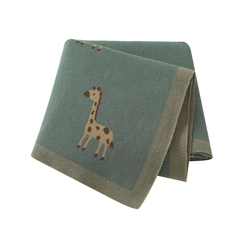 Green Giraffe Cotton Knit Baby Blanket - Swaddle & Stroller Cover