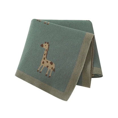 Green Giraffe Cotton Knit Baby Blanket - Swaddle & Stroller Cover