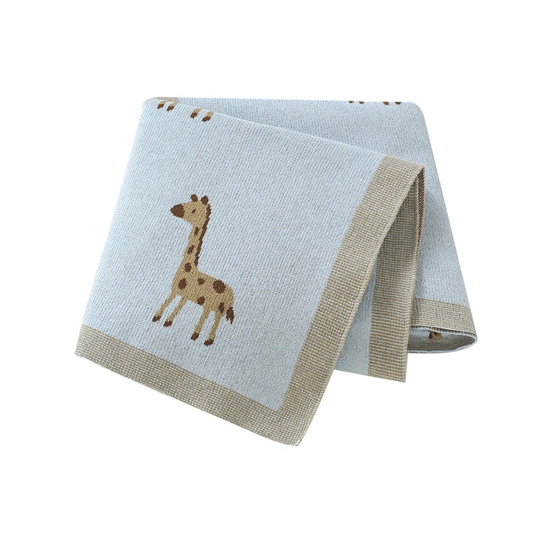 Light Blue Giraffe Cotton Knit Baby Blanket - Swaddle & Stroller Cover