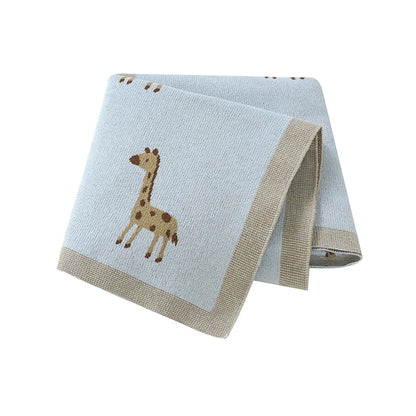 Light Blue Giraffe Cotton Knit Baby Blanket - Swaddle & Stroller Cover